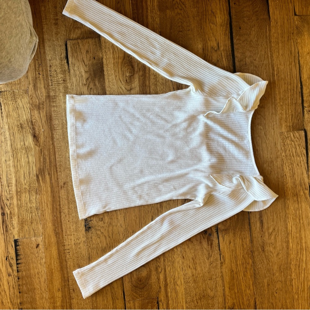 LOFT Cream Ribbed Blouse with Ruffled Shoulders - Picture 4 of 4